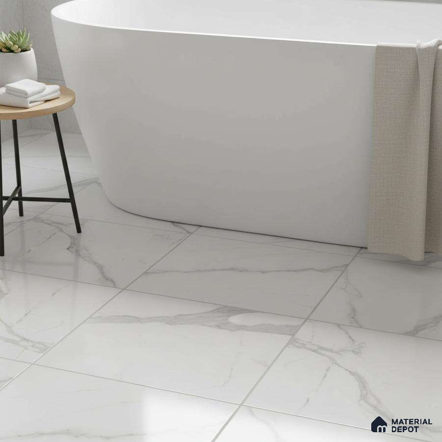 Minimalist bathroom with white marble-look floor tiles and freestanding tub