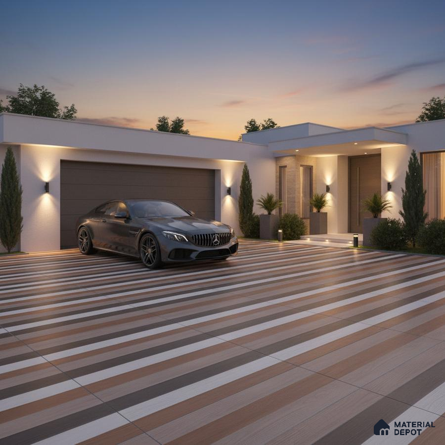 Modern parking with striped wood-look and stone-look floor tiles