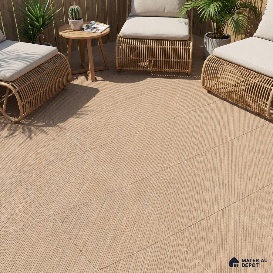 Scandinavian outdoor lounge with beige textured floor tiles and rattan furniture