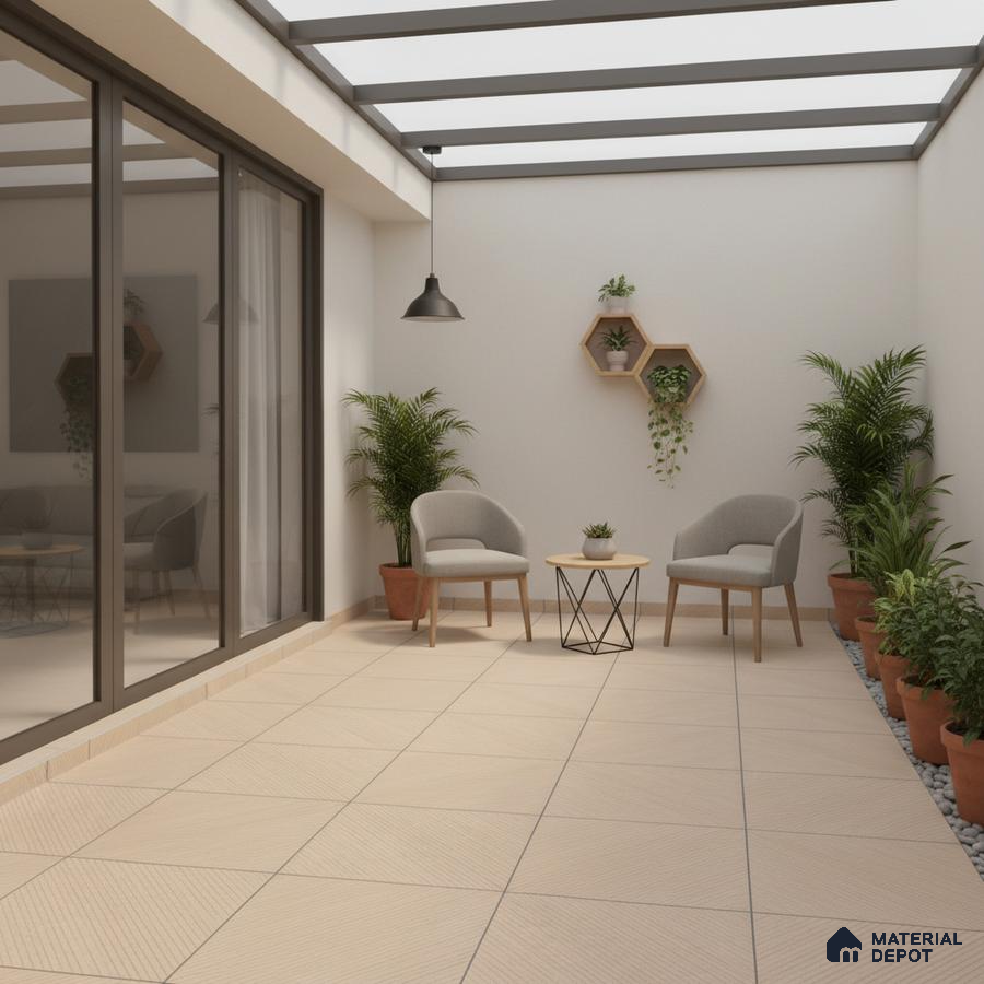 Minimalist balcony with beige textured floor tiles and modern planters