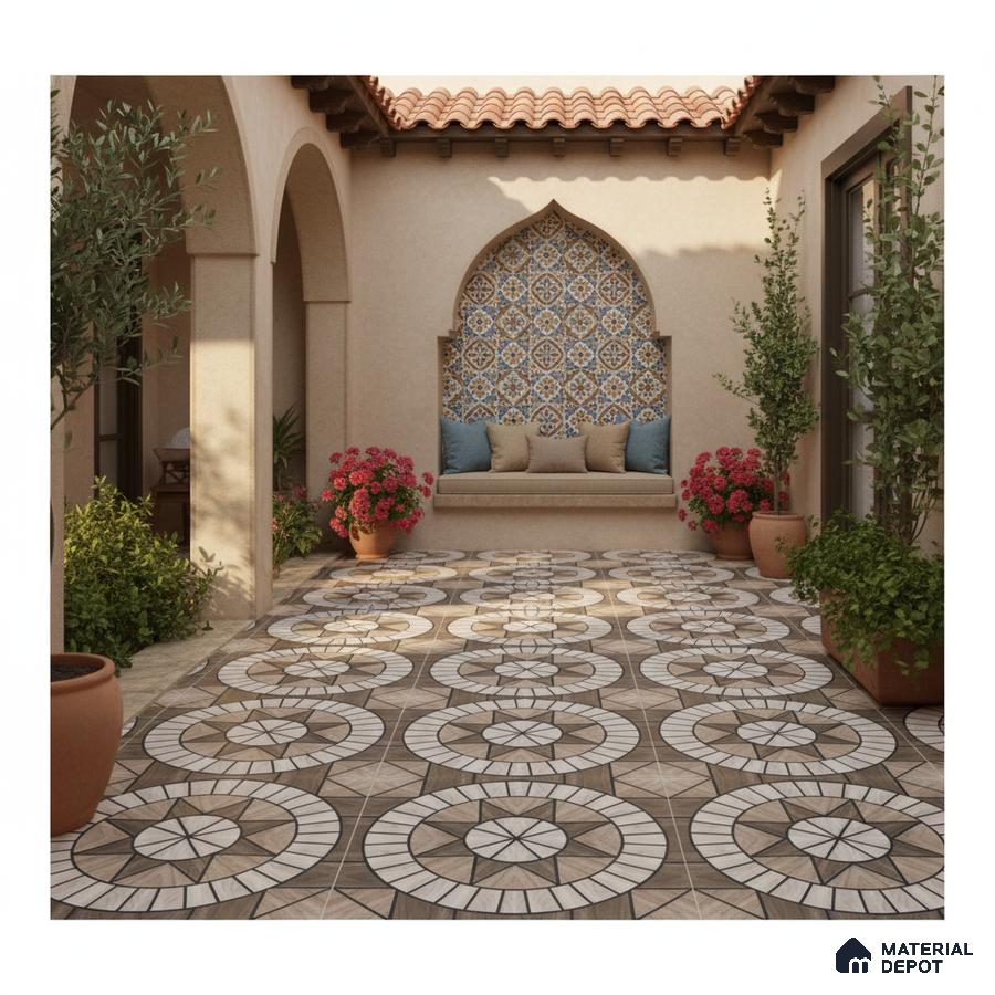 Mediterranean outdoor courtyard with geometric patterned floor tiles and blue-and-gold moroccan wall tiles
