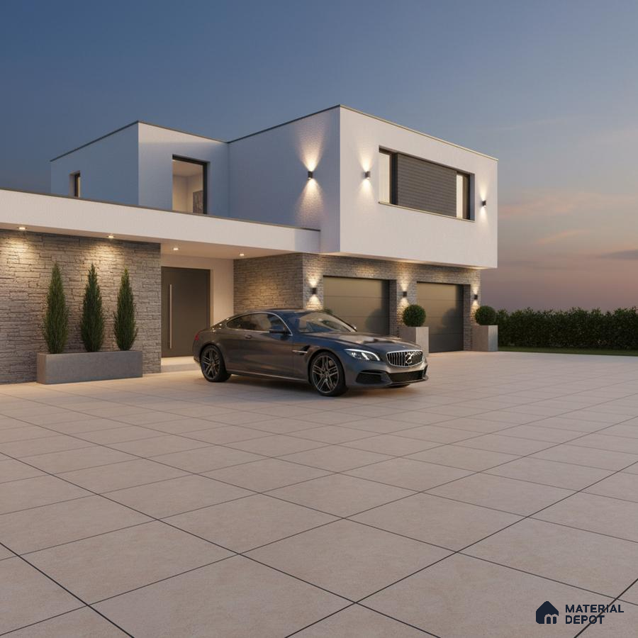 Modern parking with beige outdoor floor tiles and grey stone cladding accent wall