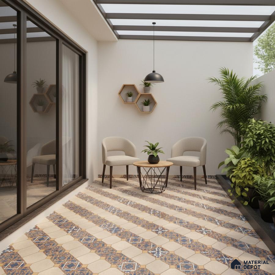 Modern balcony with patterned moroccan floor tiles and beige wall paint