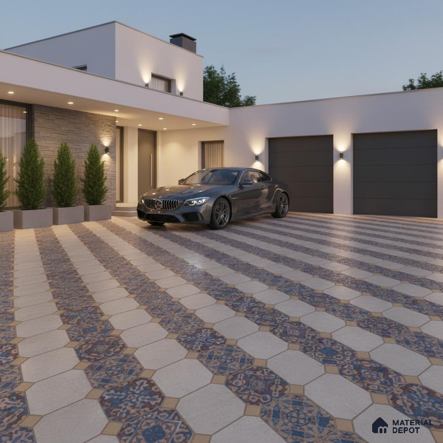 Modern parking with patterned blue and beige octagonal floor tiles and stone cladding accent wall