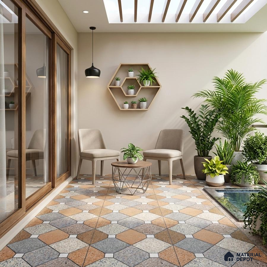 Modern balcony with geometric patterned floor tiles and wooden accents