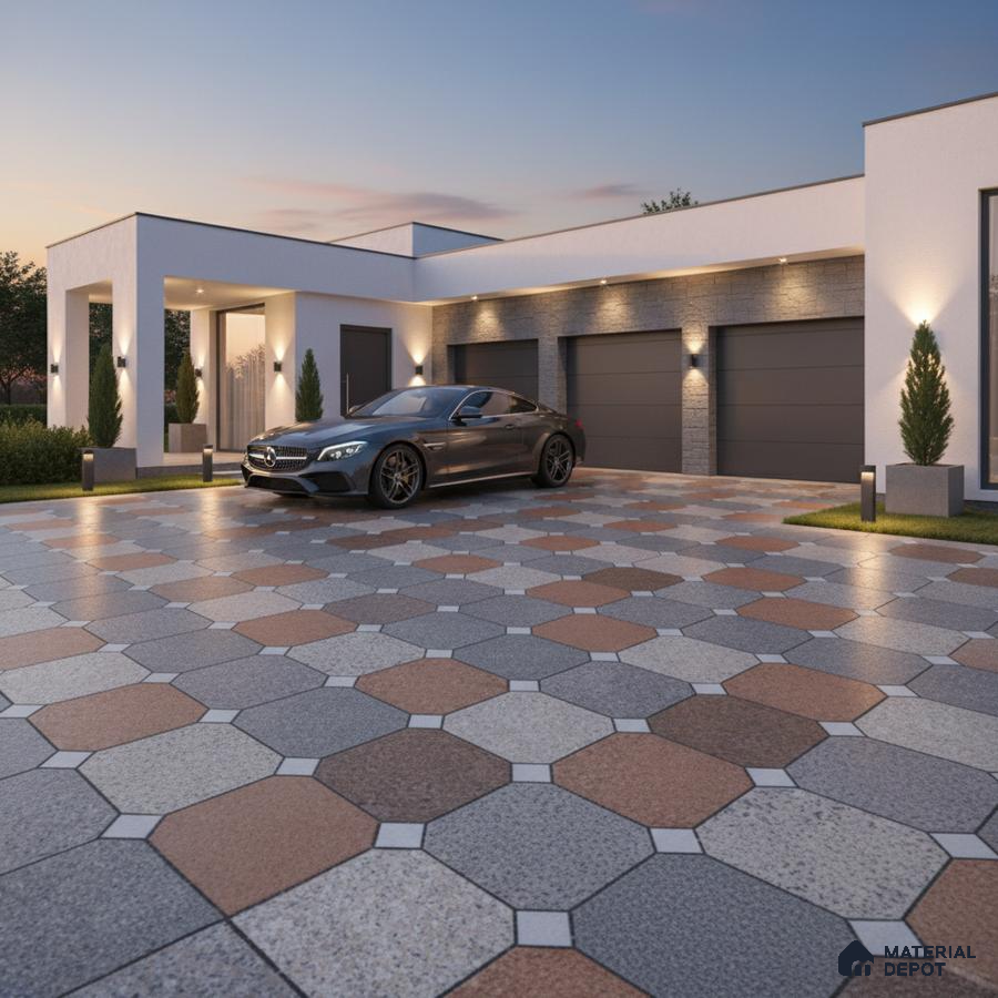 Modern parking with geometric octagonal floor tiles in grey and terracotta tones