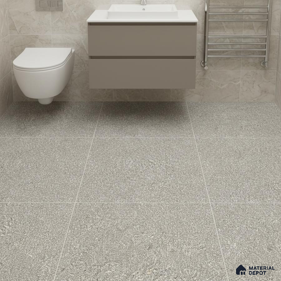 Modern bathroom with beige marble wall tiles and grey terrazzo floor tiles