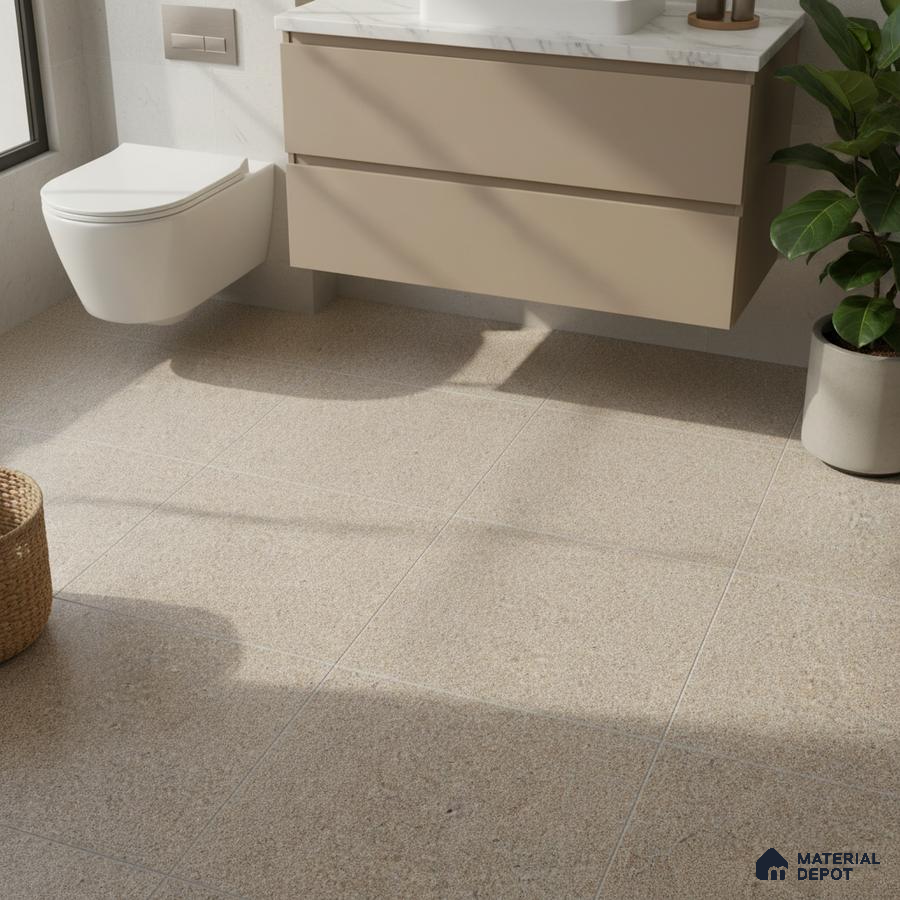 Minimalist bathroom with beige matte floor tiles and taupe floating vanity with white marble countertop