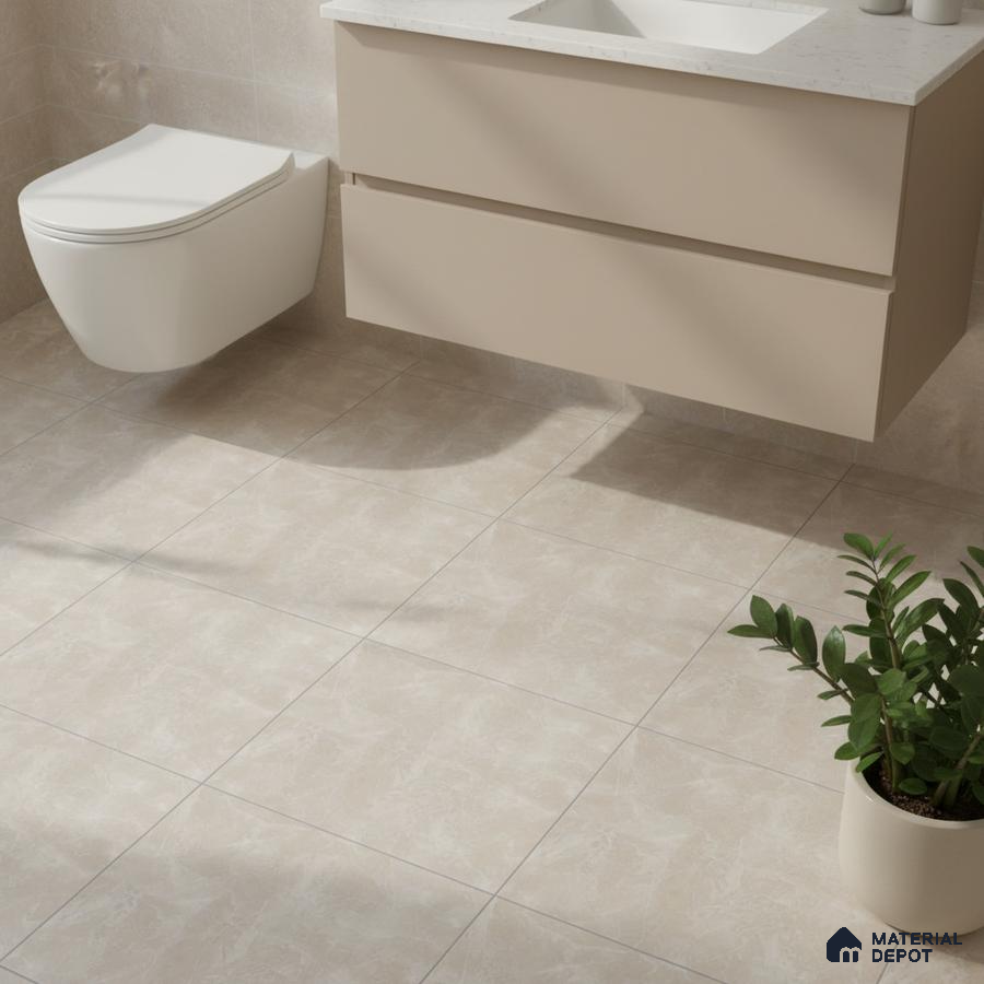 Minimalist bathroom with beige matte floor tiles and floating beige vanity