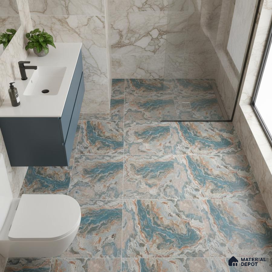 Modern bathroom with blue and beige marble-look floor tiles and white marble wall tiles