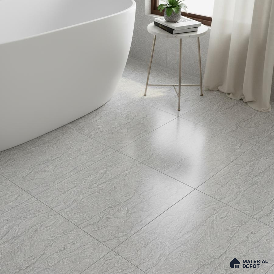 Minimalist bathroom with light grey stone-look floor tiles and freestanding tub