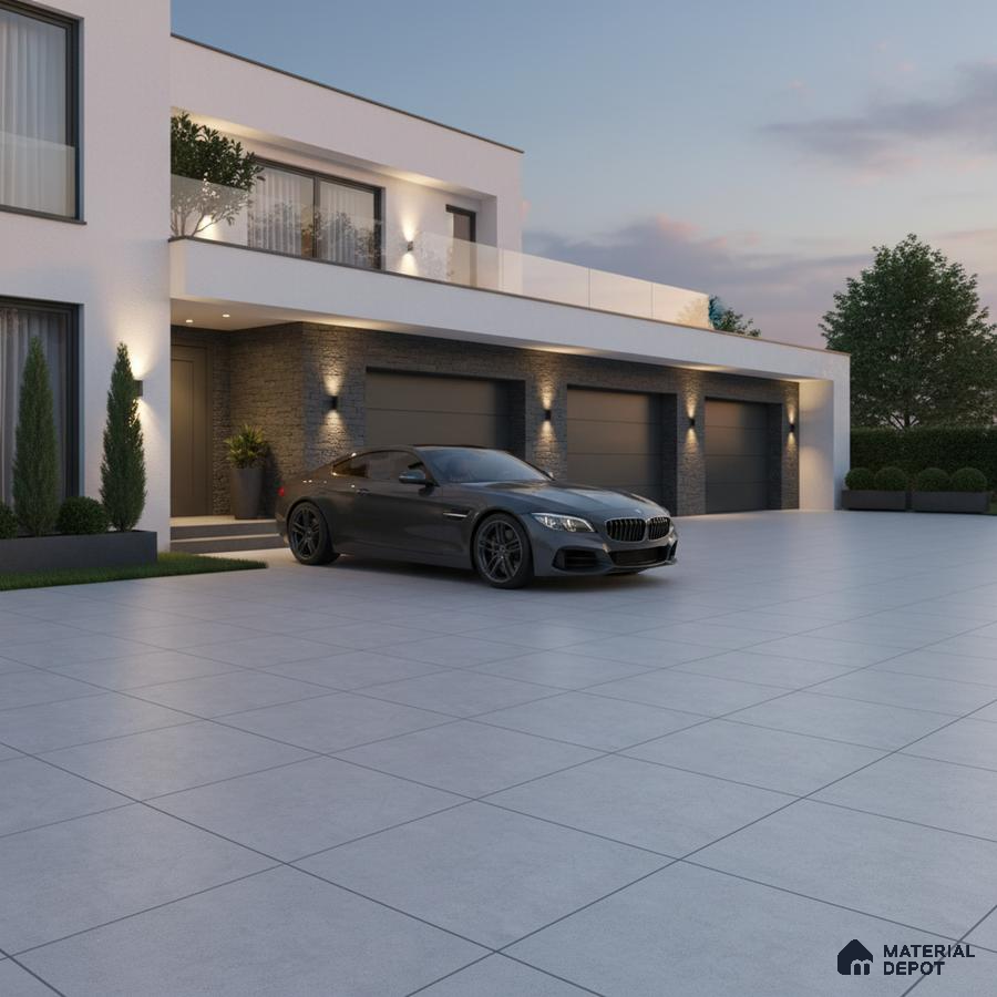Modern parking with large format grey outdoor tiles and dark stone cladding