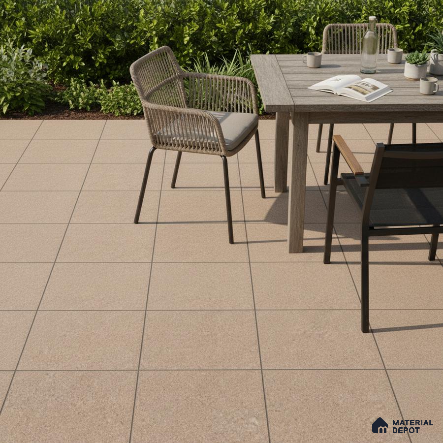 Minimalist outdoor patio with beige stone-look floor tiles and wooden dining set