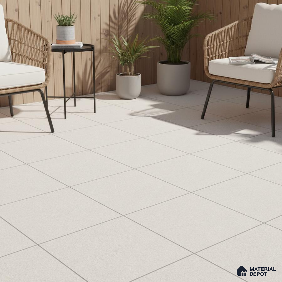 Scandinavian outdoor patio with light beige floor tiles and natural wood cladding