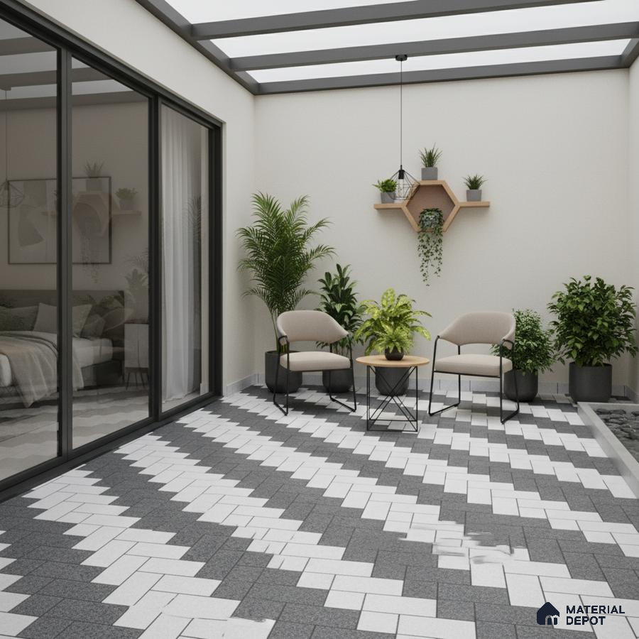 Modern outdoor patio with geometric grey and white floor tiles and minimalist planters