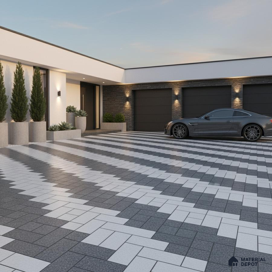 Modern parking with grey and white geometric outdoor floor tiles and stone cladding accent wall