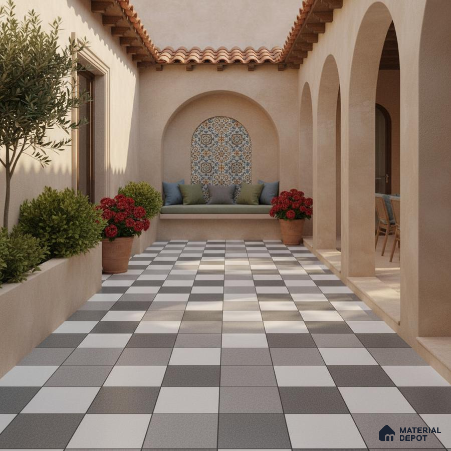 Mediterranean outdoor courtyard with checkerboard floor tiles and patterned mosaic accent wall