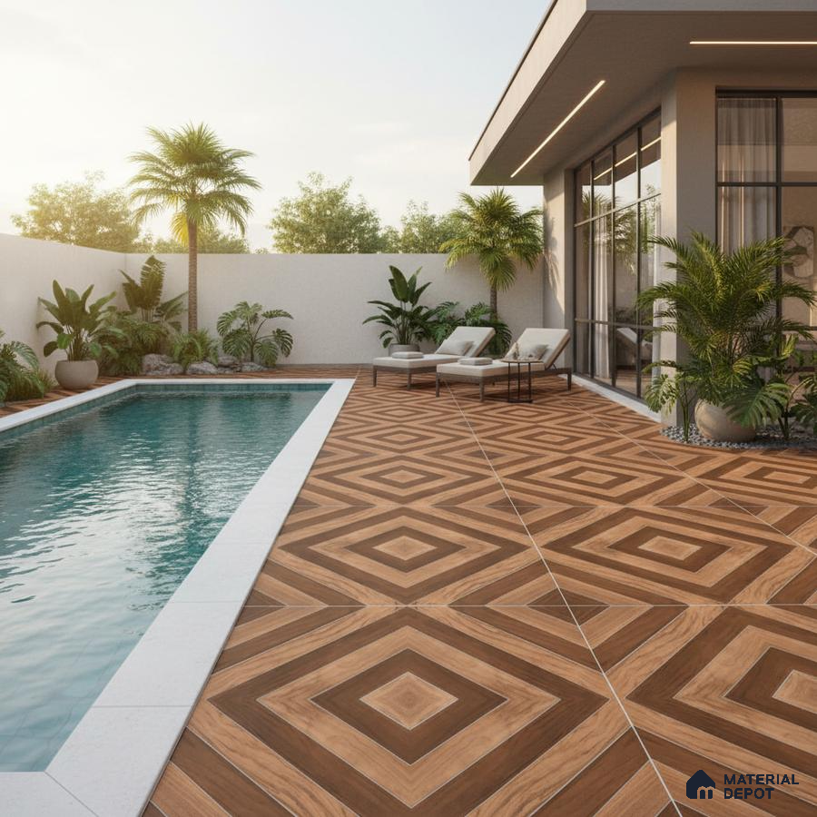 Modern outdoor poolside with geometric wood-look floor tiles and tropical landscaping