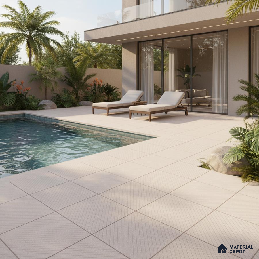 Modern outdoor poolside with beige textured floor tiles and minimalist lounge seating