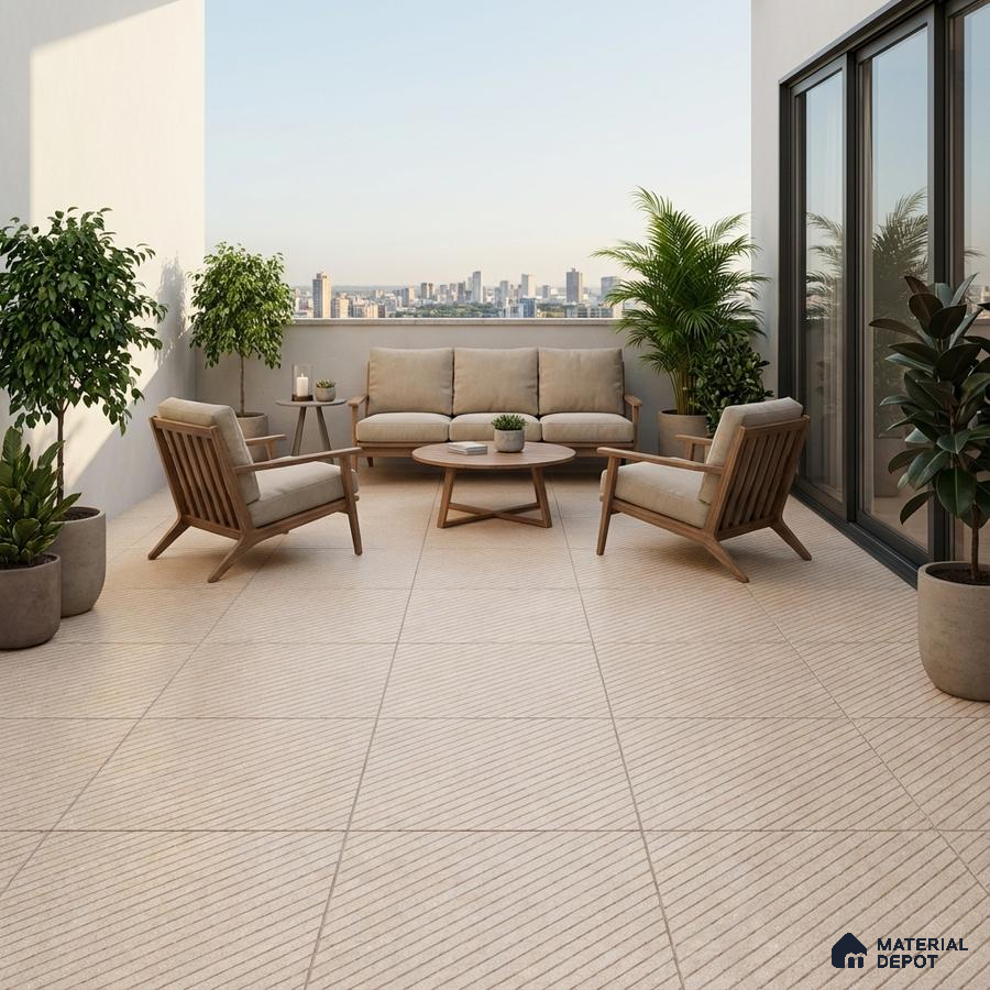 Scandinavian balcony with beige textured floor tiles and natural wood outdoor furniture