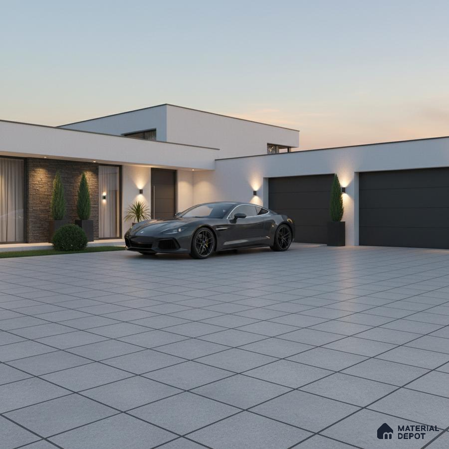 Modern parking with large grey outdoor floor tiles and minimalist facade