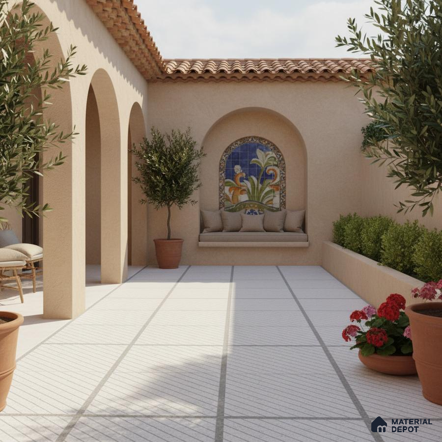 Mediterranean outdoor courtyard with terracotta roof, beige stucco walls, and patterned ceramic tile mural
