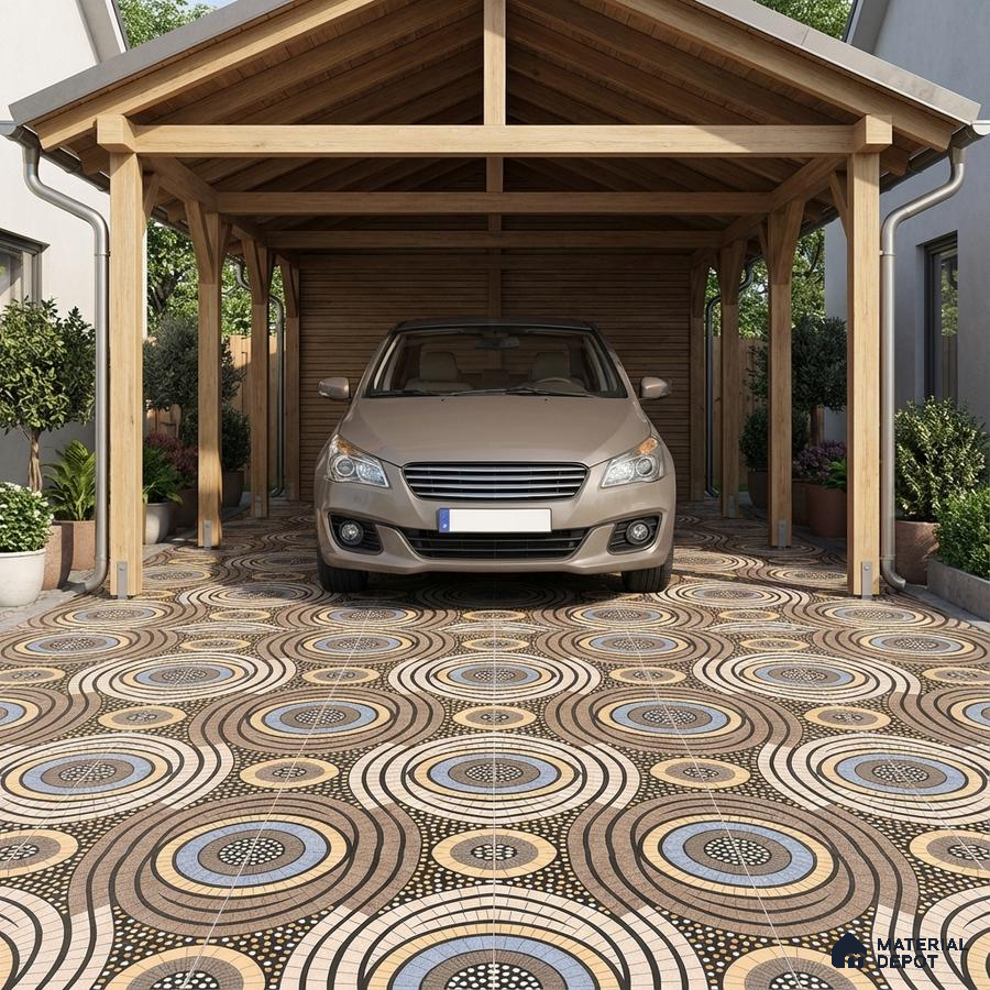 Modern parking with geometric patterned floor tiles and wooden carport structure