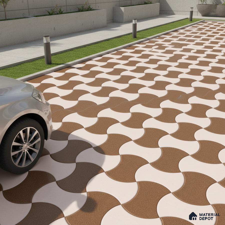 Modern parking area with brown and white geometric patterned outdoor floor tiles