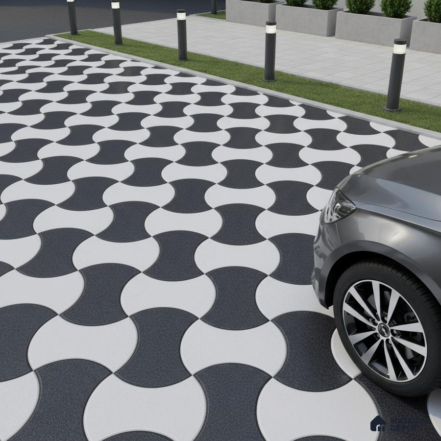 Modern parking area with black and white geometric interlocking floor tiles