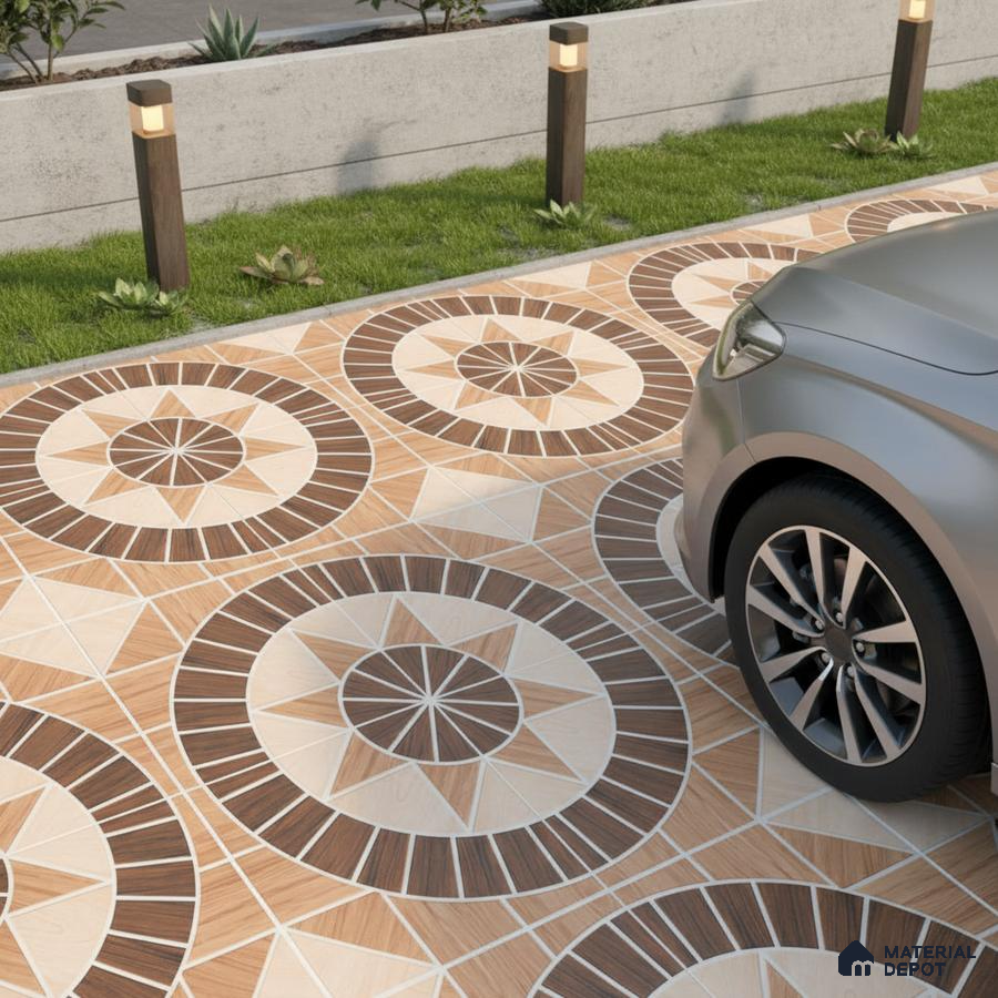 Modern parking with geometric patterned outdoor floor tiles in beige and brown