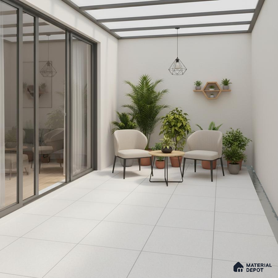 Minimalist balcony with white floor tiles, beige fabric chairs, and potted plants