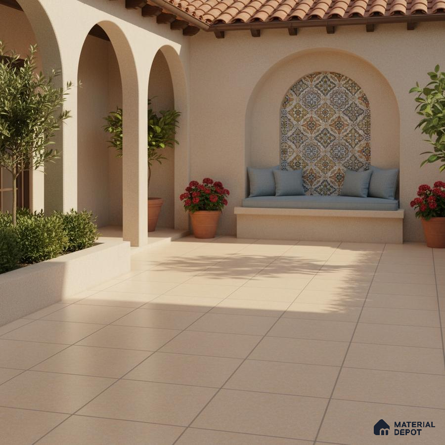 Mediterranean outdoor courtyard with beige floor tiles and patterned moroccan accent wall tile