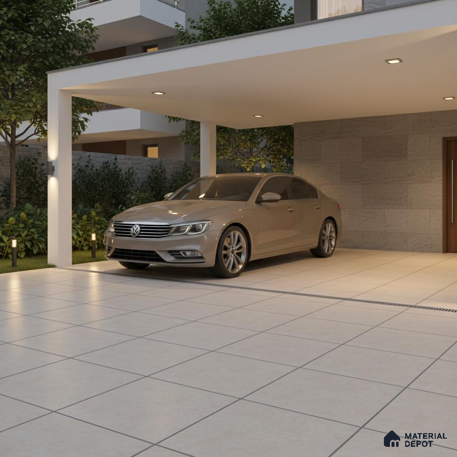 Modern parking area with large beige floor tiles and stone cladding wall