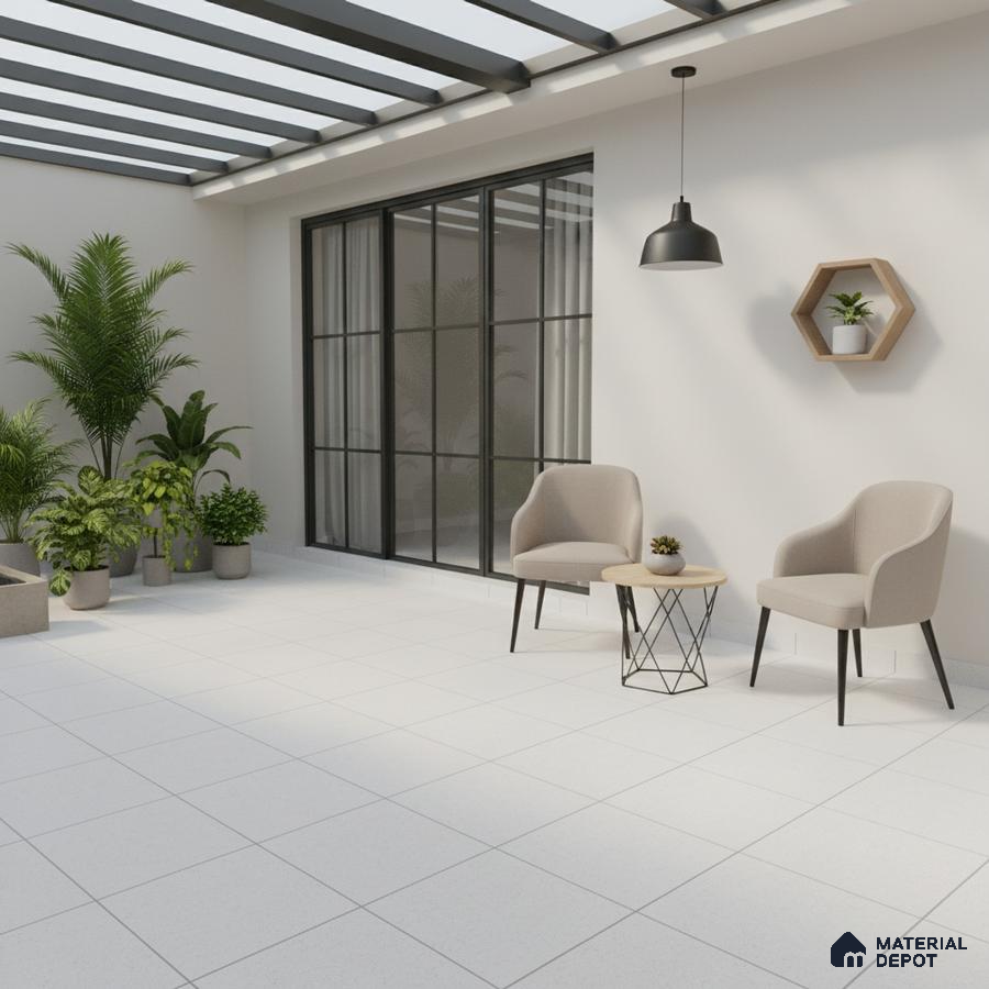 Minimalist balcony with white floor tiles, glass roof, and neutral seating