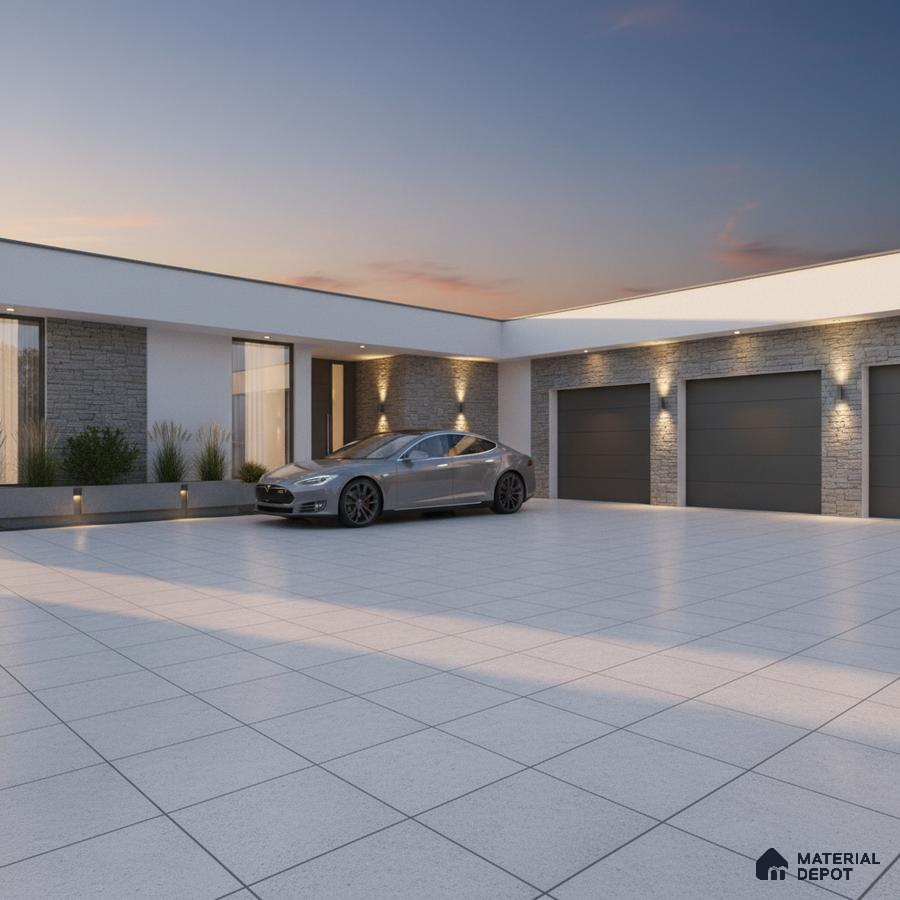 Modern parking with large format grey floor tiles and stone cladding accent walls