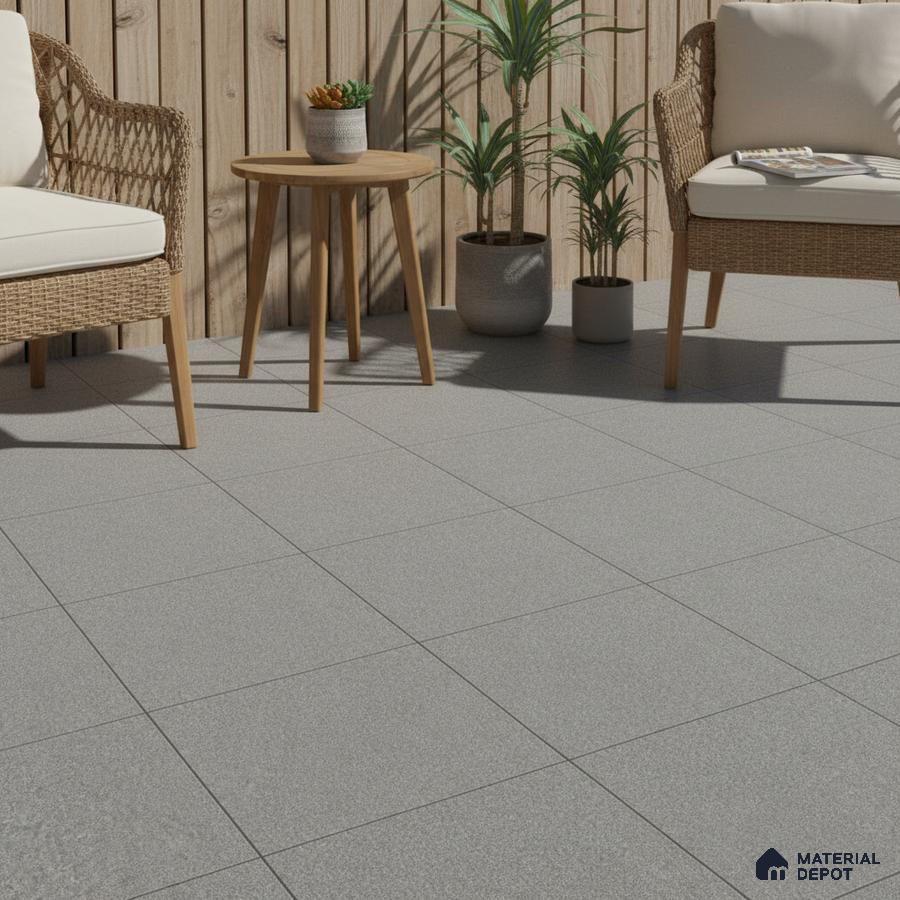 Scandinavian outdoor space with light grey matte floor tiles and natural wood louver wall
