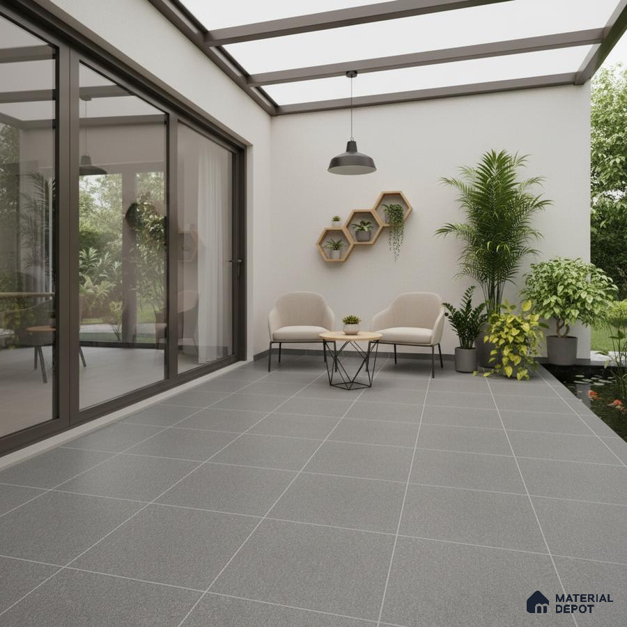 Modern balcony with grey matte floor tiles and minimalist outdoor seating