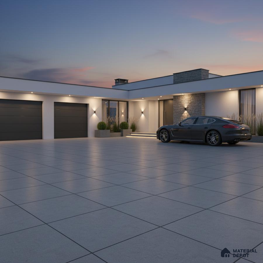 Modern parking with large format grey outdoor tiles and stone cladding accent wall