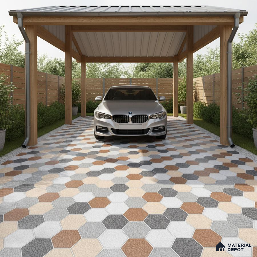 Modern parking with multicolor hexagonal floor tiles and wooden carport structure
