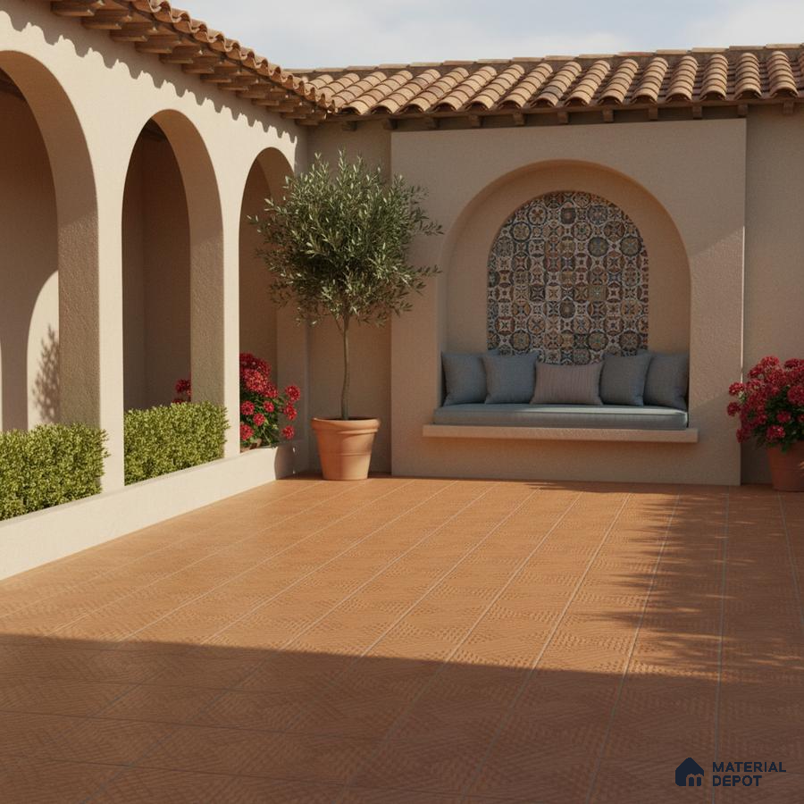 Mediterranean outdoor patio with terracotta floor tiles and patterned mosaic tile accent wall