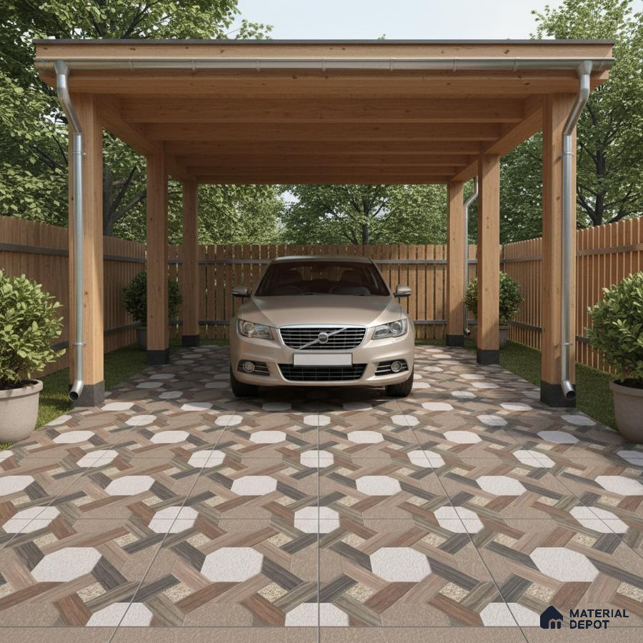 Modern parking with geometric patterned floor tiles and wooden carport structure