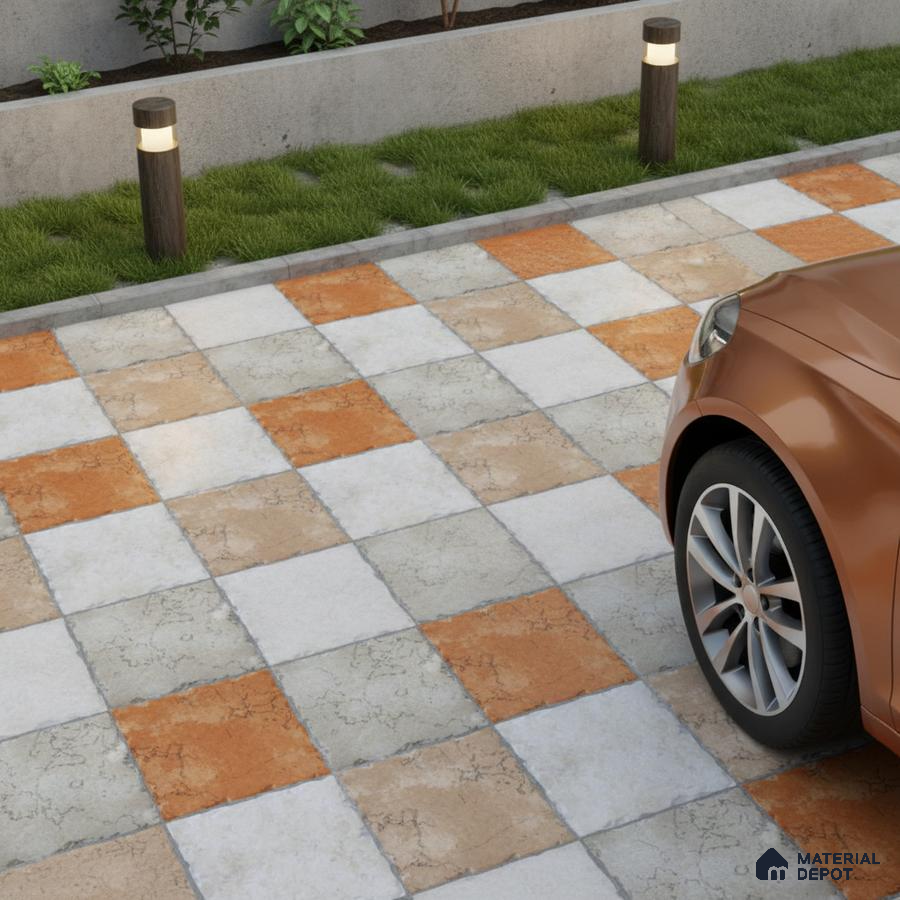 Modern parking with terracotta and grey checkerboard outdoor floor tiles