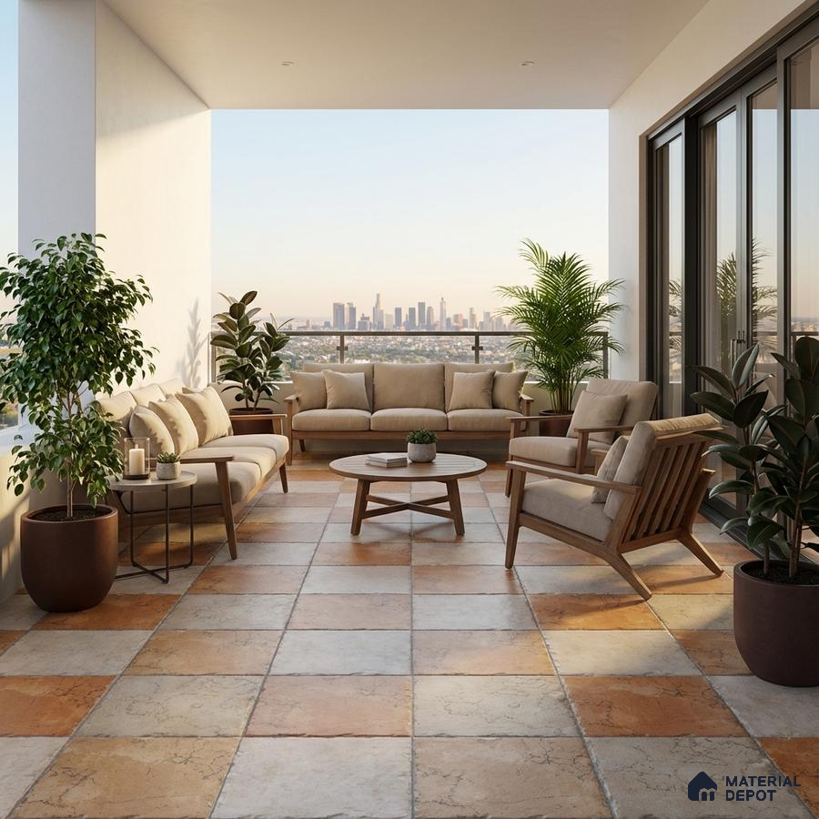 Modern balcony with terracotta and beige stone-look floor tiles and wooden outdoor furniture