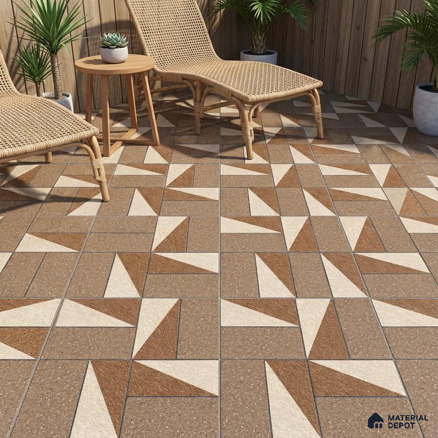 Modern outdoor space with geometric brown and beige floor tiles and wooden cladding