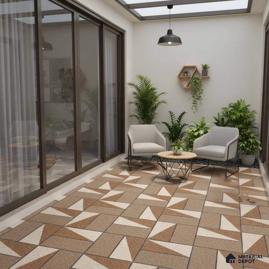 Modern balcony with geometric brown and beige floor tiles and minimalist seating