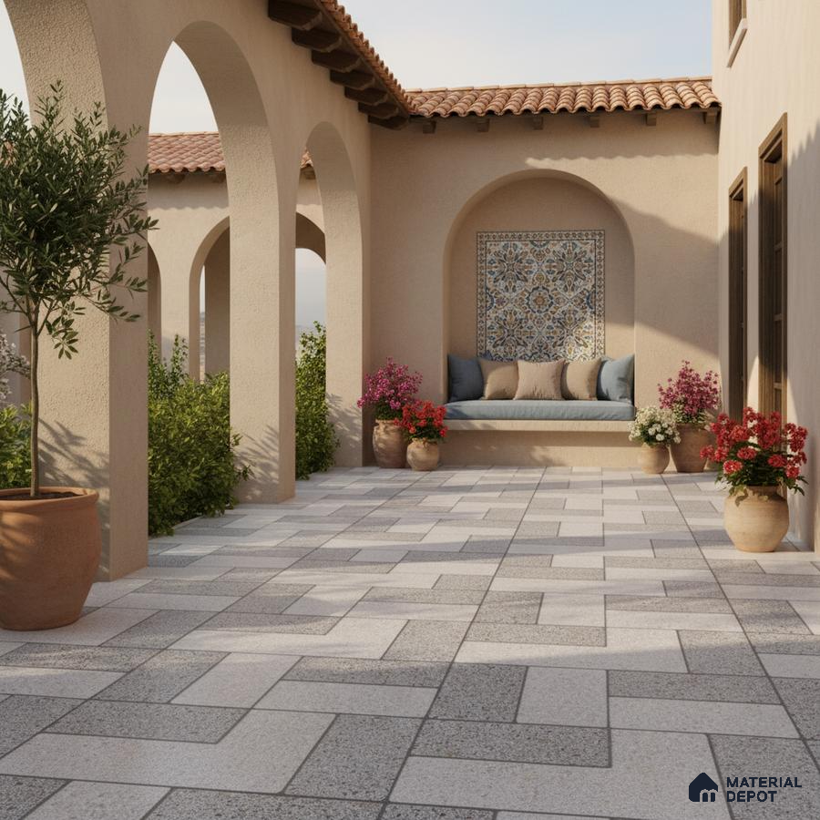Mediterranean outdoor patio with patterned mosaic tile accent and terracotta roof