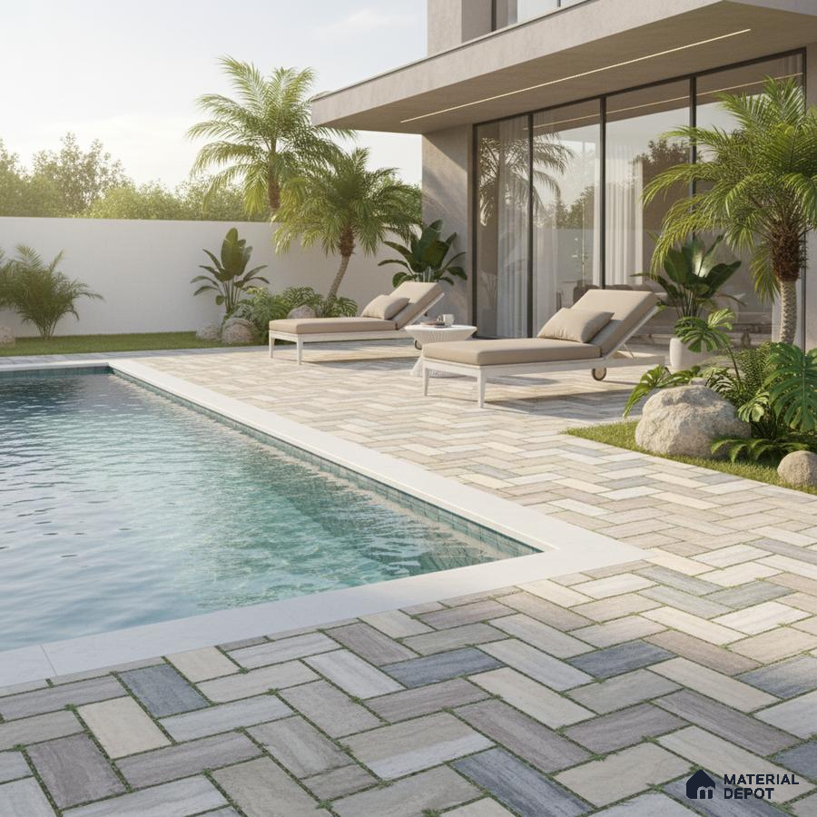 Modern outdoor poolside with herringbone stone-look paver tiles and tropical landscaping
