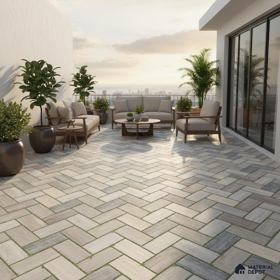 Scandinavian outdoor terrace with herringbone stone-look floor tiles and wooden furniture