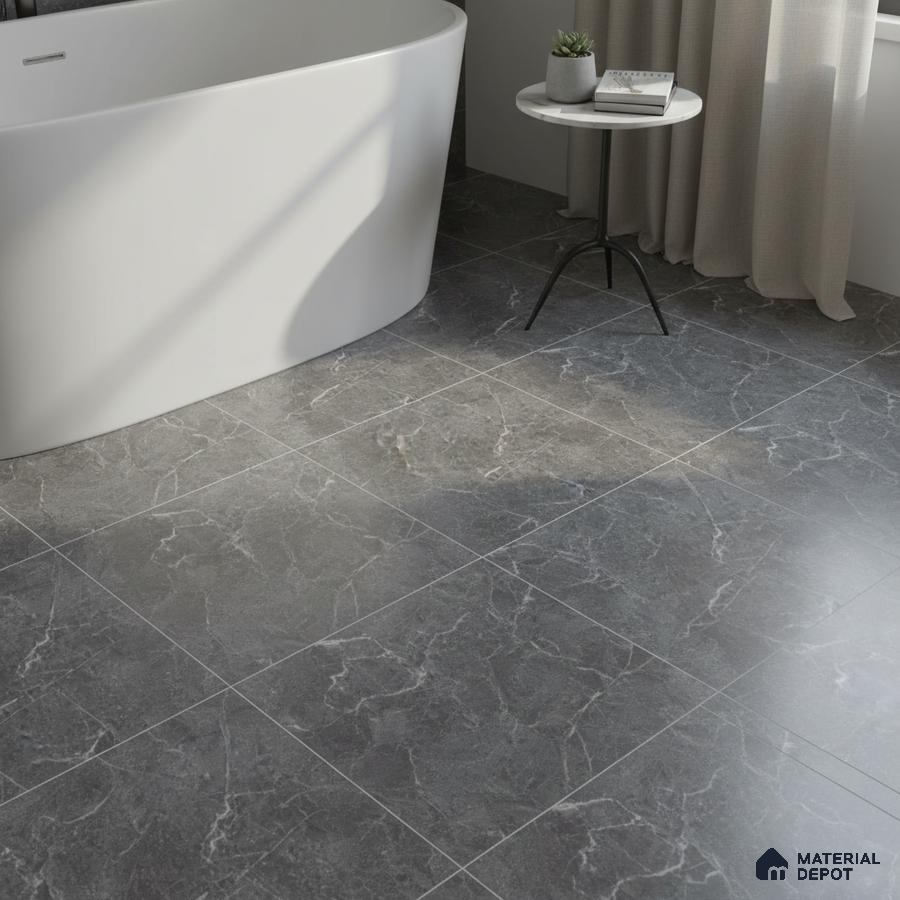 Minimalist bathroom with grey marble-look floor tiles and freestanding tub