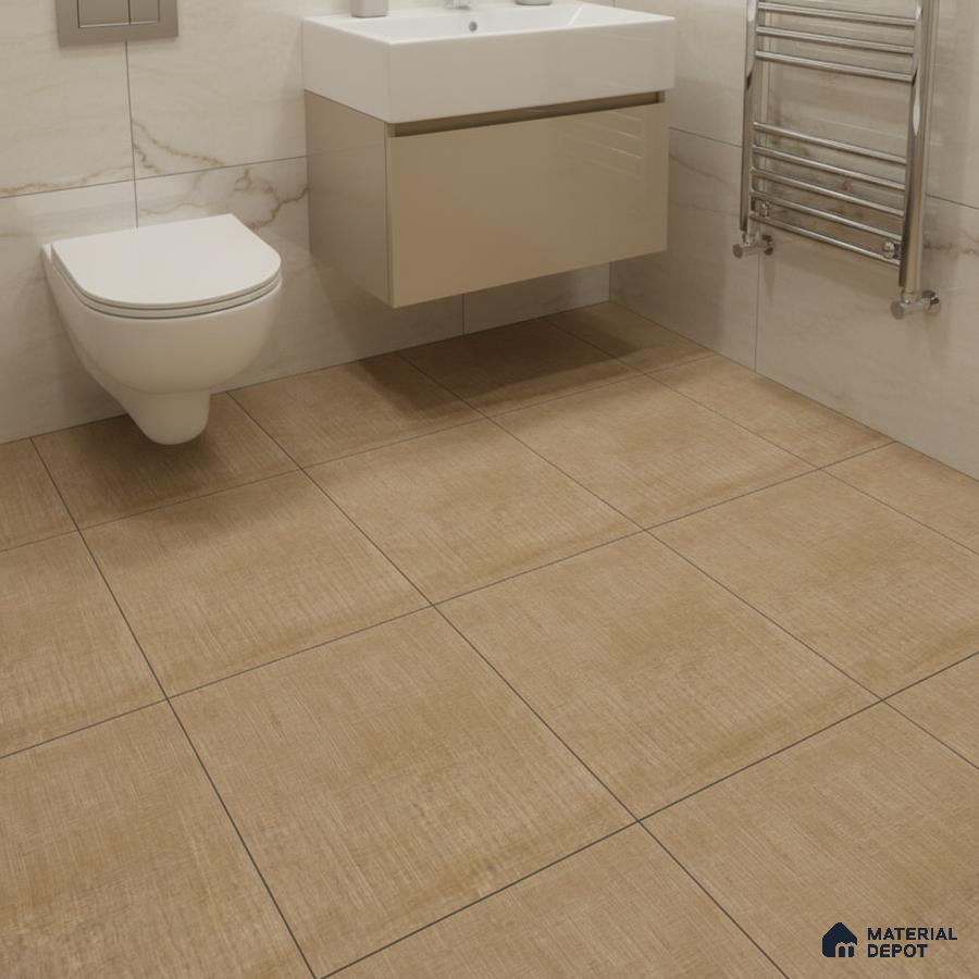 Modern bathroom with beige textured floor tiles and marble-look wall tiles